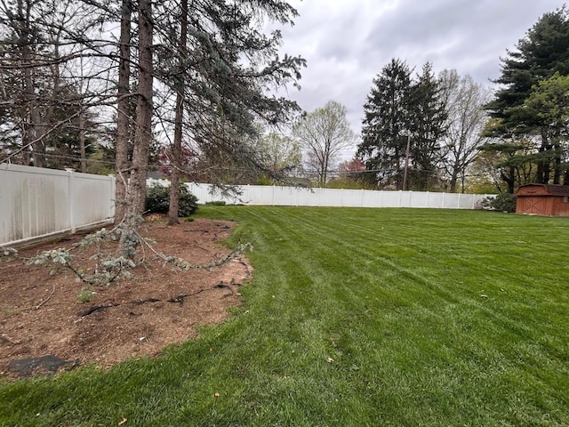 view of yard featuring a fenced backyard, an outbuilding, and a shed