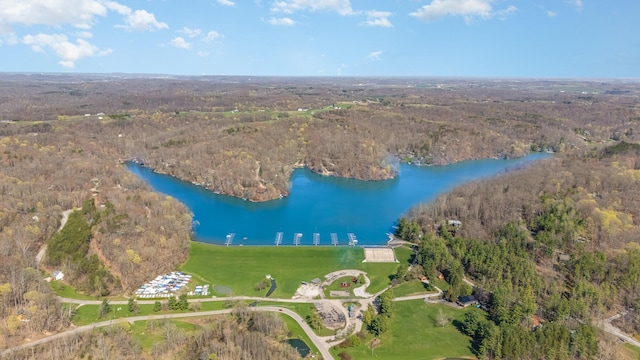 birds eye view of property featuring a water view and a forest view