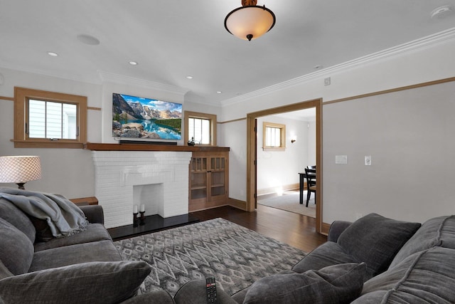 78 N Burgess Ave, Columbus, OH 43204 - living area featuring crown molding, a wealth of natural light, wood finished floors, and a fireplace