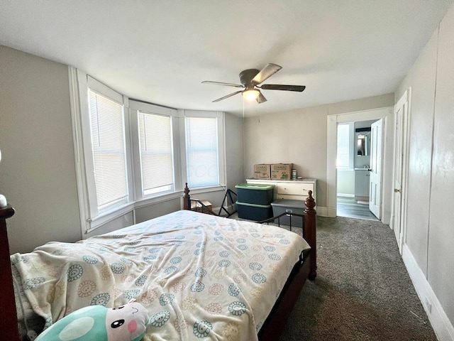 bedroom featuring carpet flooring, baseboards, and ceiling fan