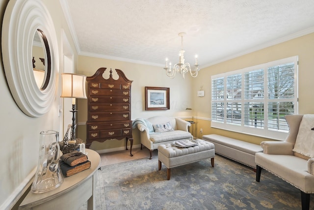 6690 Hermitage Dr, Westerville, OH 43082 - sitting room featuring crown molding, carpet flooring, a chandelier, and a textured ceiling