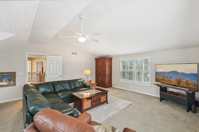 6690 Hermitage Dr, Westerville, OH 43082 - carpeted living area with lofted ceiling, visible vents, baseboards, and ceiling fan