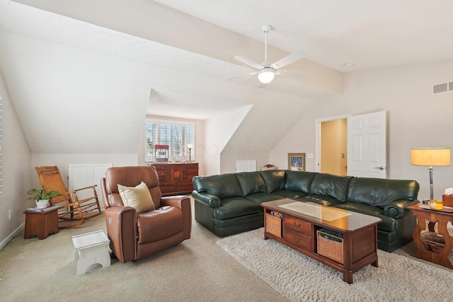6690 Hermitage Dr, Westerville, OH 43082 - living area with vaulted ceiling, a ceiling fan, baseboards, carpet flooring, and visible vents