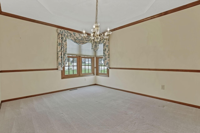 unfurnished room with visible vents, baseboards, an inviting chandelier, and carpet floors