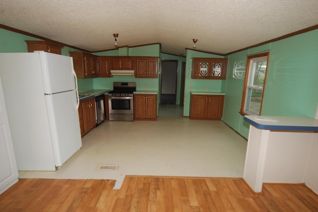 20543 Treaty Line Rd, West Mansfield, OH 43358 - kitchen featuring crown molding, vaulted ceiling, appliances with stainless steel finishes, under cabinet range hood, and brown cabinets