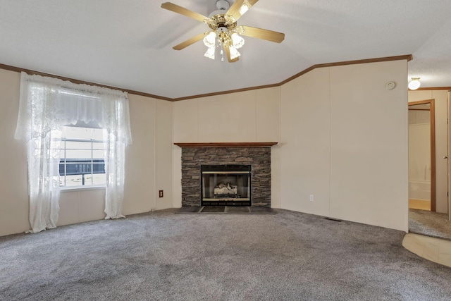 2445 Columbus Lancaster Rd NW Unit 147, Lancaster, OH 43130 - unfurnished living room featuring carpet, a ceiling fan, vaulted ceiling, and ornamental molding