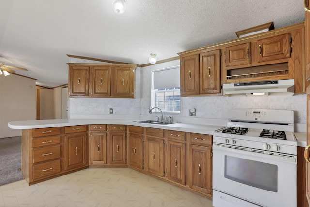 2445 Columbus Lancaster Rd NW Unit 147, Lancaster, OH 43130 - kitchen with white gas stove, under cabinet range hood, light countertops, a sink, and brown cabinets