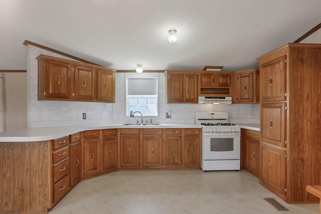 2445 Columbus Lancaster Rd NW Unit 147, Lancaster, OH 43130 - kitchen with a sink, light countertops, gas range gas stove, under cabinet range hood, and brown cabinets