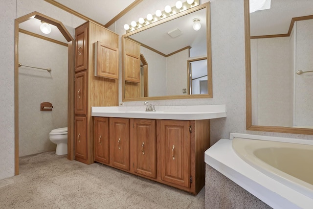 2445 Columbus Lancaster Rd NW Unit 147, Lancaster, OH 43130 - full bathroom featuring a tub, crown molding, vanity, toilet, and wallpapered walls