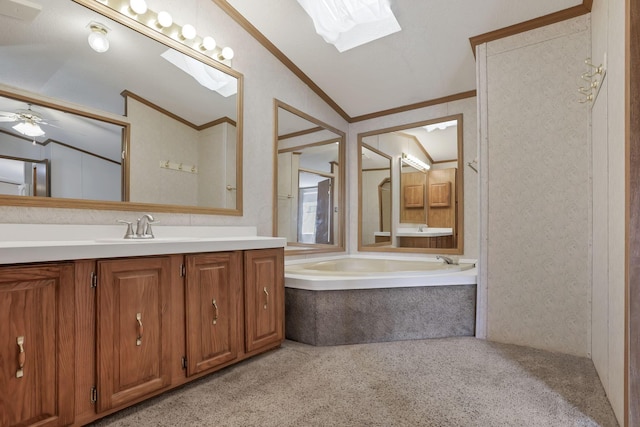 2445 Columbus Lancaster Rd NW Unit 147, Lancaster, OH 43130 - full bathroom featuring vanity, ornamental molding, a bath, lofted ceiling with skylight, and carpet