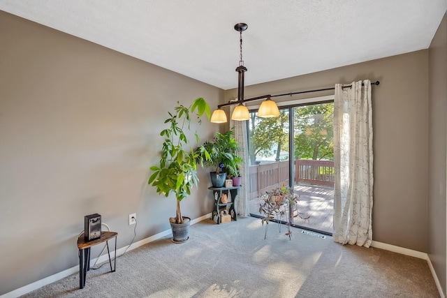 unfurnished dining area featuring baseboards and carpet