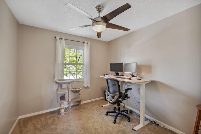 carpeted office with a ceiling fan, baseboards, and a textured ceiling