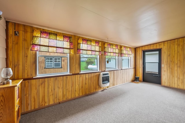 carpeted empty room with wood walls, plenty of natural light, and heating unit