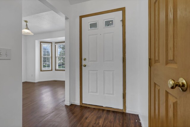 foyer entrance with dark wood finished floors and baseboards