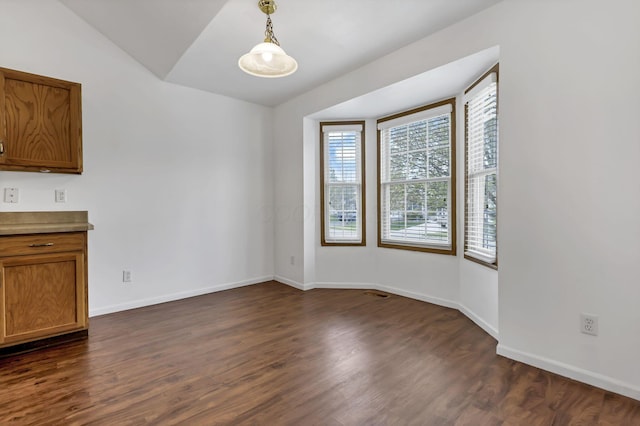 unfurnished dining area with baseboards, dark wood-style flooring, and plenty of natural light