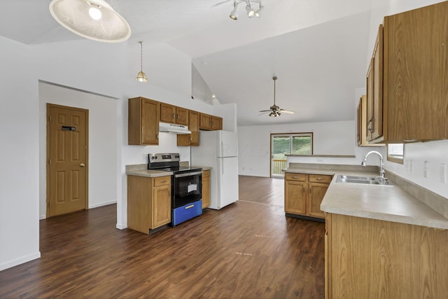 kitchen with a sink, under cabinet range hood, ceiling fan, stainless steel electric stove, and freestanding refrigerator