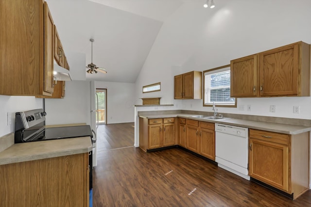 kitchen with a sink, ceiling fan, dishwasher, stainless steel electric range, and a peninsula