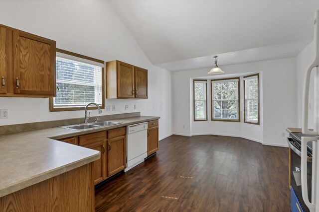 kitchen featuring dark wood finished floors, brown cabinetry, white dishwasher, vaulted ceiling, and a sink