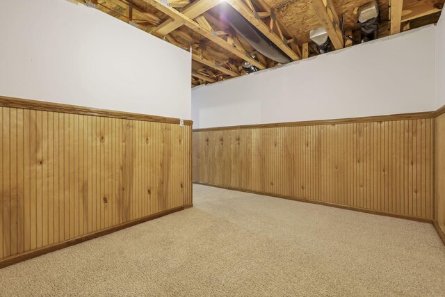 unfinished basement featuring carpet, wooden walls, and wainscoting