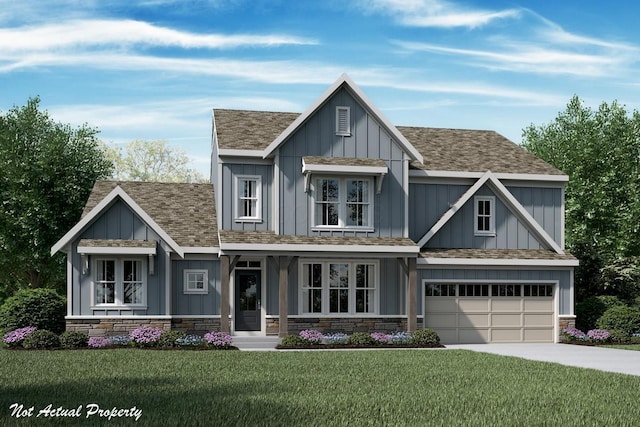 10340 Fox Hill Ct, Plain City, OH 43064 - craftsman-style home featuring concrete driveway, a front lawn, stone siding, board and batten siding, and roof with shingles