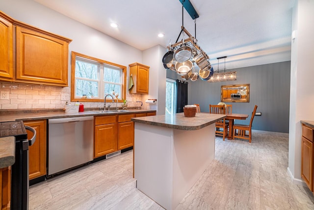 kitchen featuring stainless steel dishwasher, tasteful backsplash, black range with electric stovetop, and a sink