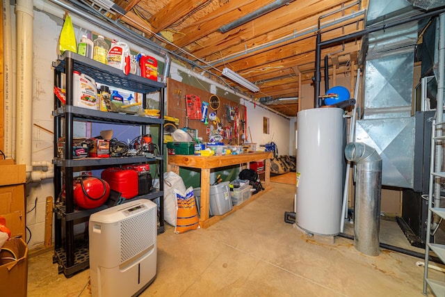 unfinished basement with a workshop area and gas water heater