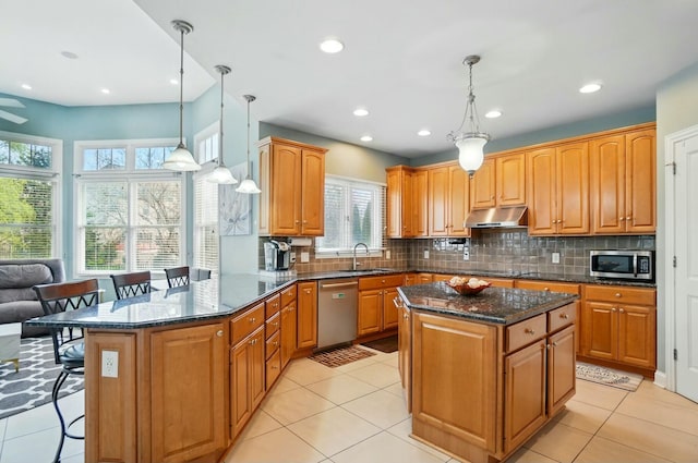 4201 Penrith Ct, Dublin, OH 43016 - kitchen featuring under cabinet range hood, stainless steel appliances, a sink, a kitchen island, and a breakfast bar area