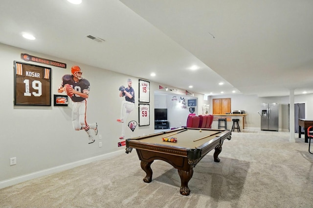 4201 Penrith Ct, Dublin, OH 43016 - rec room with recessed lighting, billiards, visible vents, light carpet, and baseboards