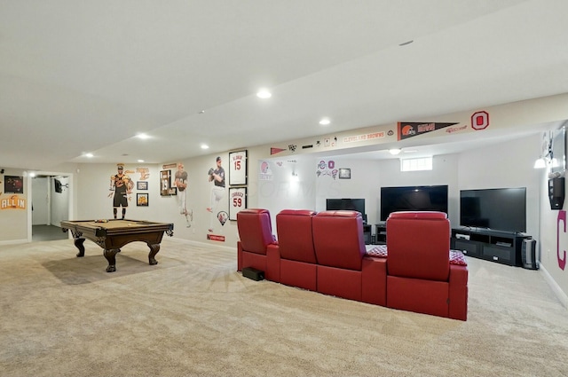 4201 Penrith Ct, Dublin, OH 43016 - home theater room with recessed lighting, baseboards, carpet flooring, and billiards