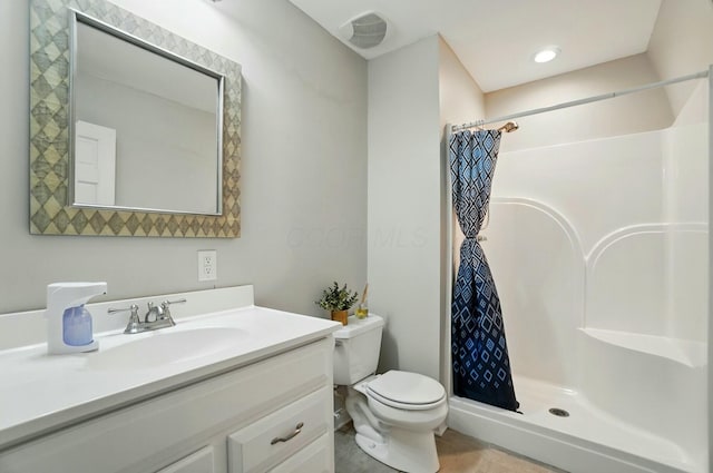 4201 Penrith Ct, Dublin, OH 43016 - full bathroom featuring tile patterned floors, toilet, a stall shower, visible vents, and vanity