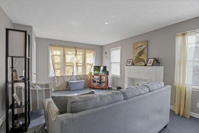 living room with baseboards, a textured ceiling, and wood finished floors