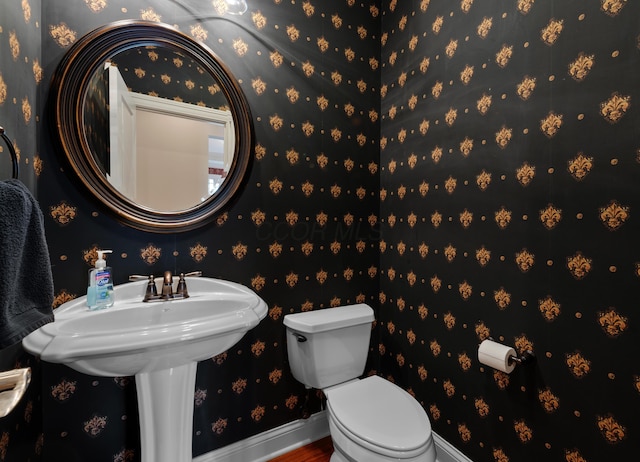 6700 Ballantrae Pl, Dublin, OH 43016 - half bath featuring toilet, wood finished floors, baseboards, and wallpapered walls