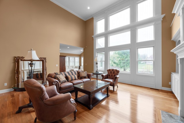 6700 Ballantrae Pl, Dublin, OH 43016 - living room featuring a fireplace, crown molding, a towering ceiling, and light wood finished floors