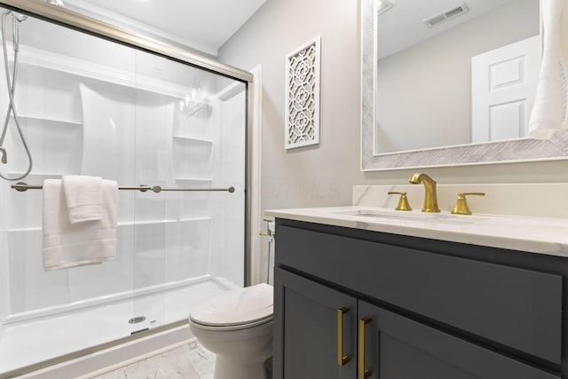 full bath featuring a stall shower, visible vents, marble finish floor, and toilet