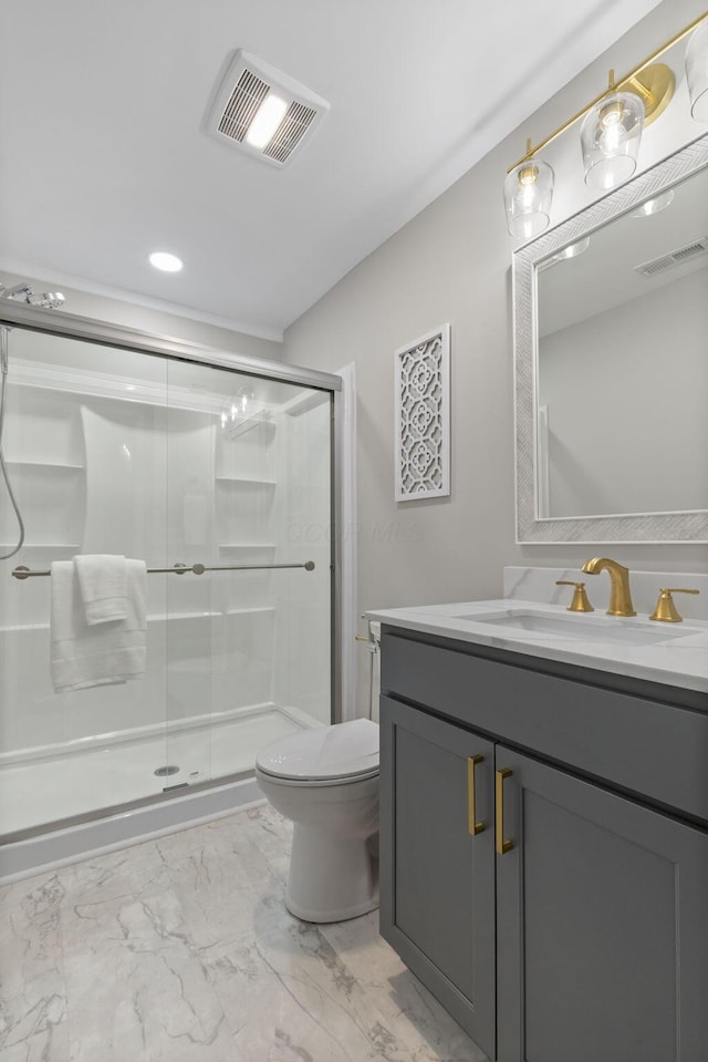 bathroom with toilet, marble finish floor, a shower stall, and visible vents