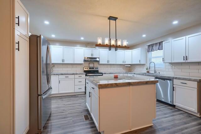 kitchen with a sink, appliances with stainless steel finishes, wood finished floors, and under cabinet range hood