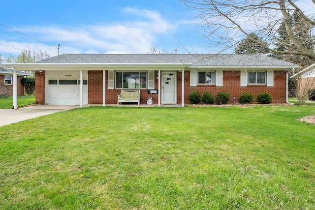 single story home with driveway, an attached garage, a front lawn, brick siding, and covered porch