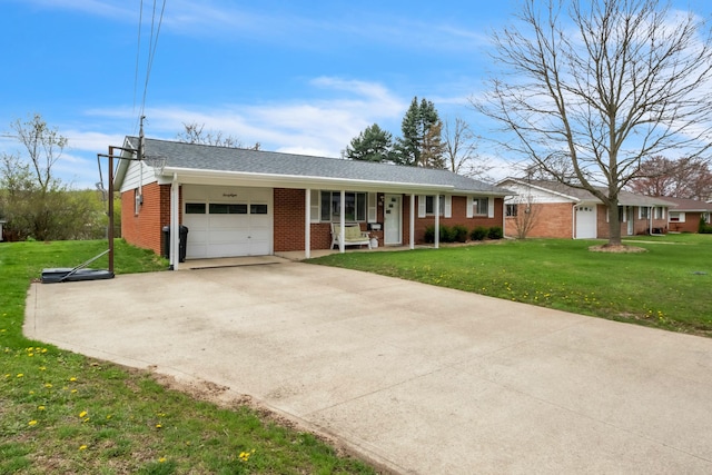 single story home with a front yard, a shingled roof, a garage, concrete driveway, and brick siding