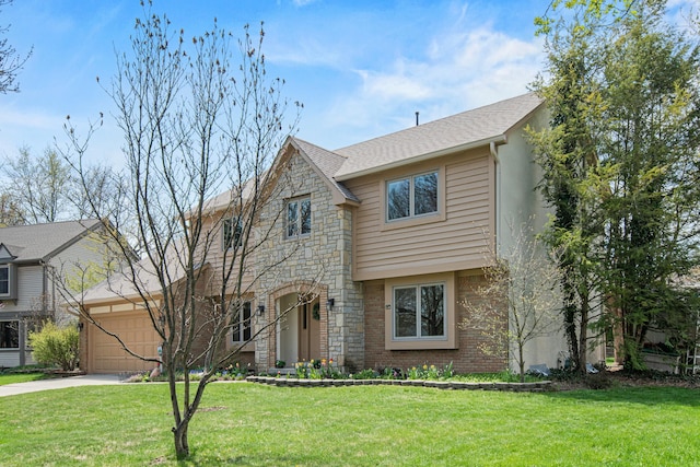 view of front of property with a front lawn, driveway, stone siding, and a garage