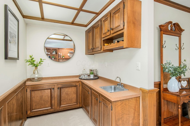 bar with a wainscoted wall, indoor wet bar, and a sink