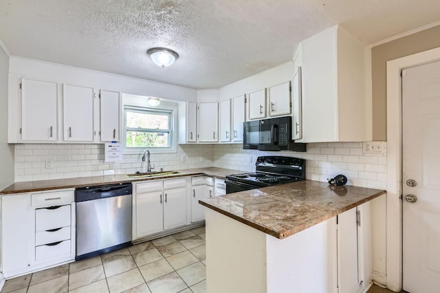 595 Collingwood Ave, Columbus, OH 43213 - kitchen featuring a sink, black appliances, decorative backsplash, white cabinets, and a peninsula
