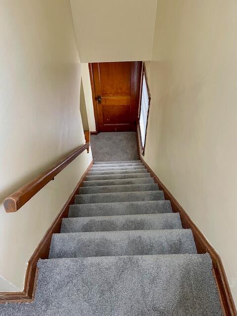 staircase featuring carpet flooring and baseboards