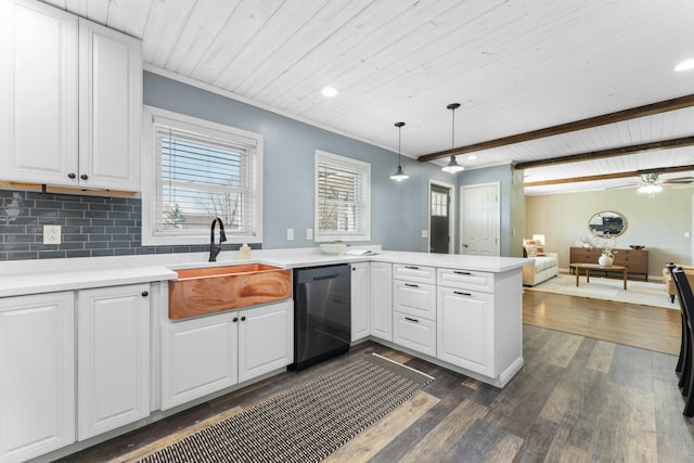 kitchen featuring wooden ceiling, a sink, open floor plan, white cabinetry, and dishwasher