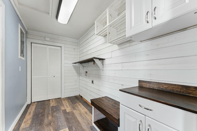 washroom featuring wood walls, electric dryer hookup, cabinet space, baseboards, and dark wood-style floors
