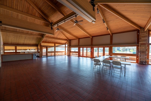 interior space with high vaulted ceiling, beam ceiling, a ceiling fan, and wood ceiling
