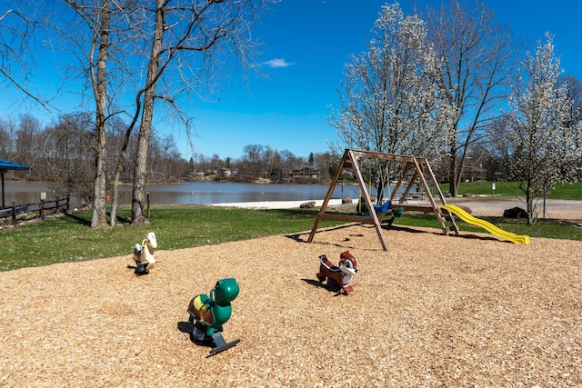 community jungle gym featuring a water view