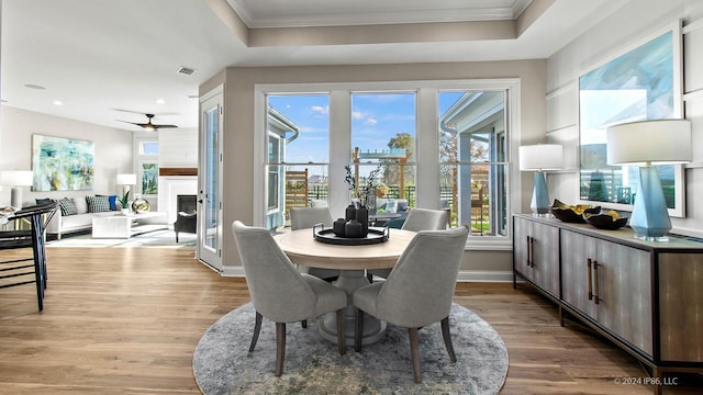 dining room featuring a ceiling fan, a fireplace, light wood-style floors, and ornamental molding