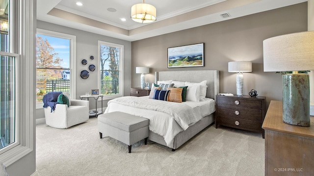 bedroom with ornamental molding, visible vents, recessed lighting, and light colored carpet