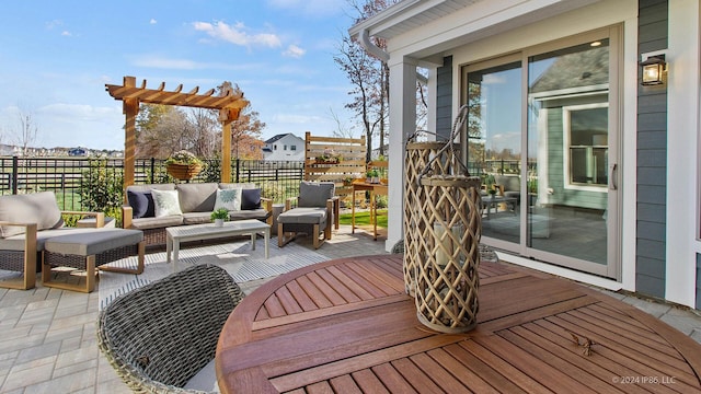 wooden deck with fence and an outdoor living space