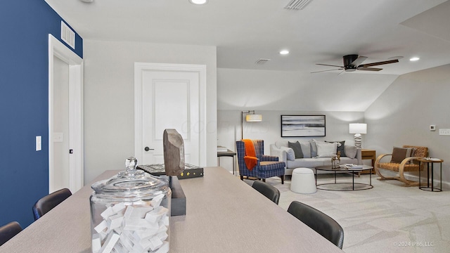 living room with carpet, a ceiling fan, visible vents, and recessed lighting